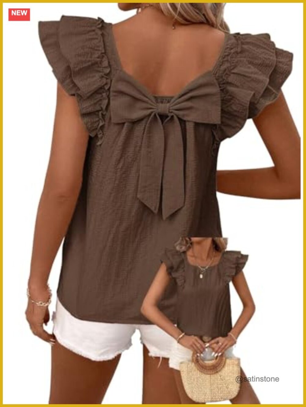 Ruffle Short Sleeve Babydoll Tunic Blouse with Bow Back